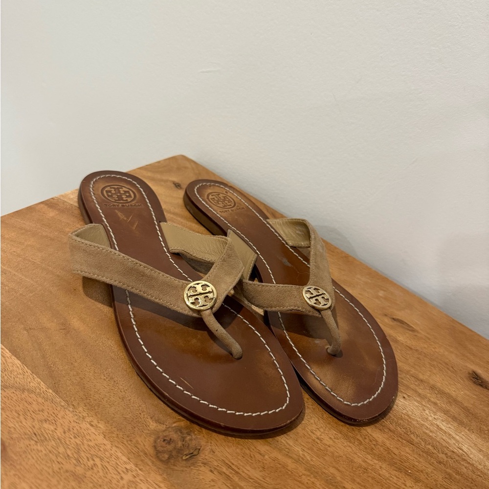 Tory Burch Tan Sandals with Gold Medallion